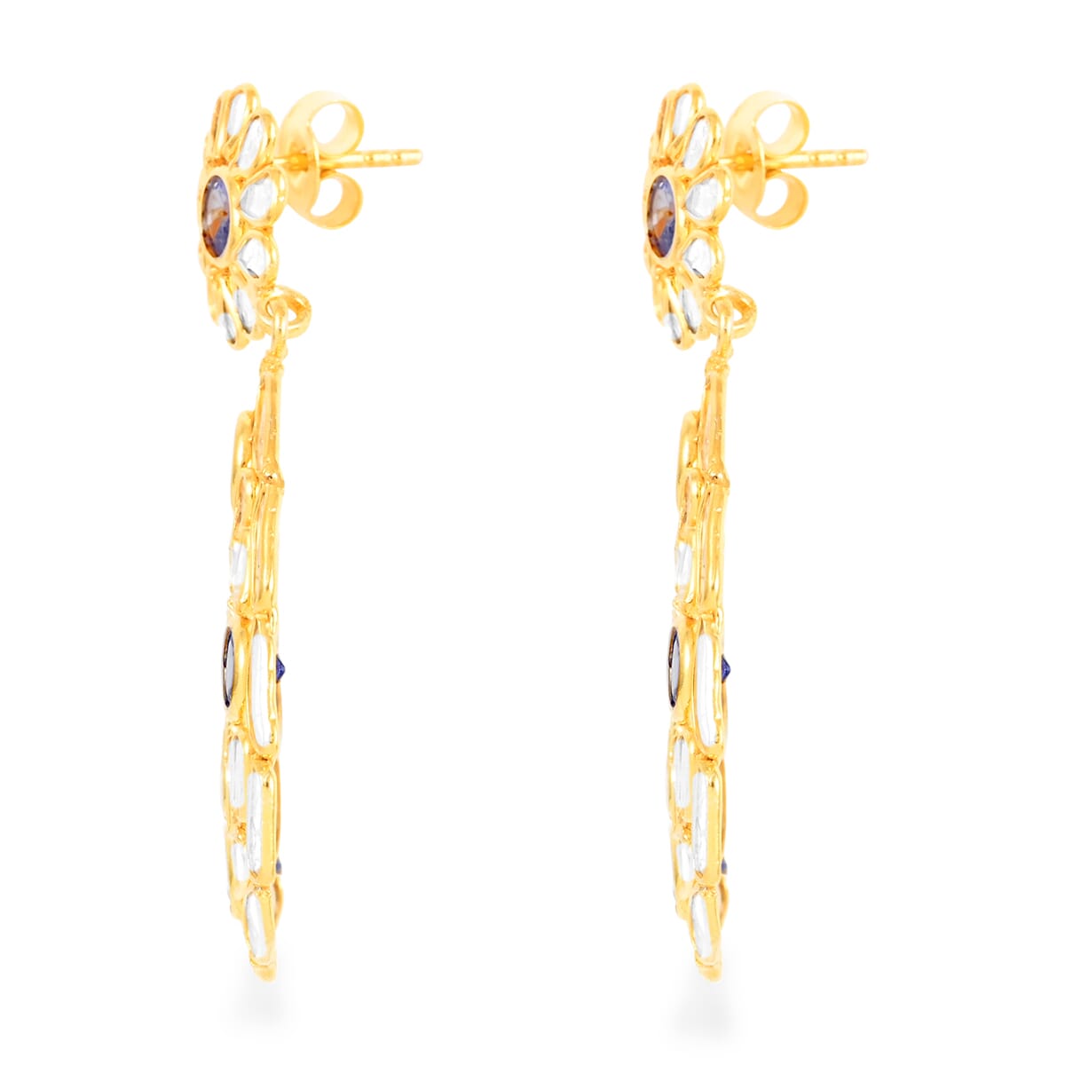 Polki Diamond and Tanzanite Oval Flower Earrings in 14K Yellow Gold Over Sterling Silver 7.50 ctw image number 3