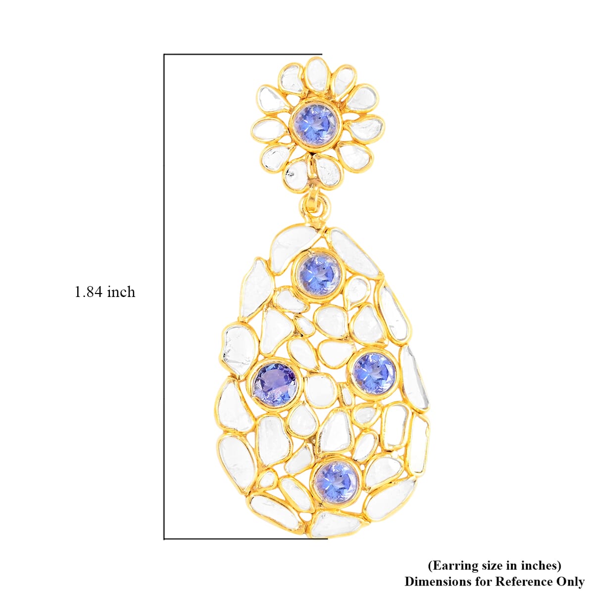 Polki Diamond and Tanzanite Oval Flower Earrings in 14K Yellow Gold Over Sterling Silver 7.50 ctw image number 4