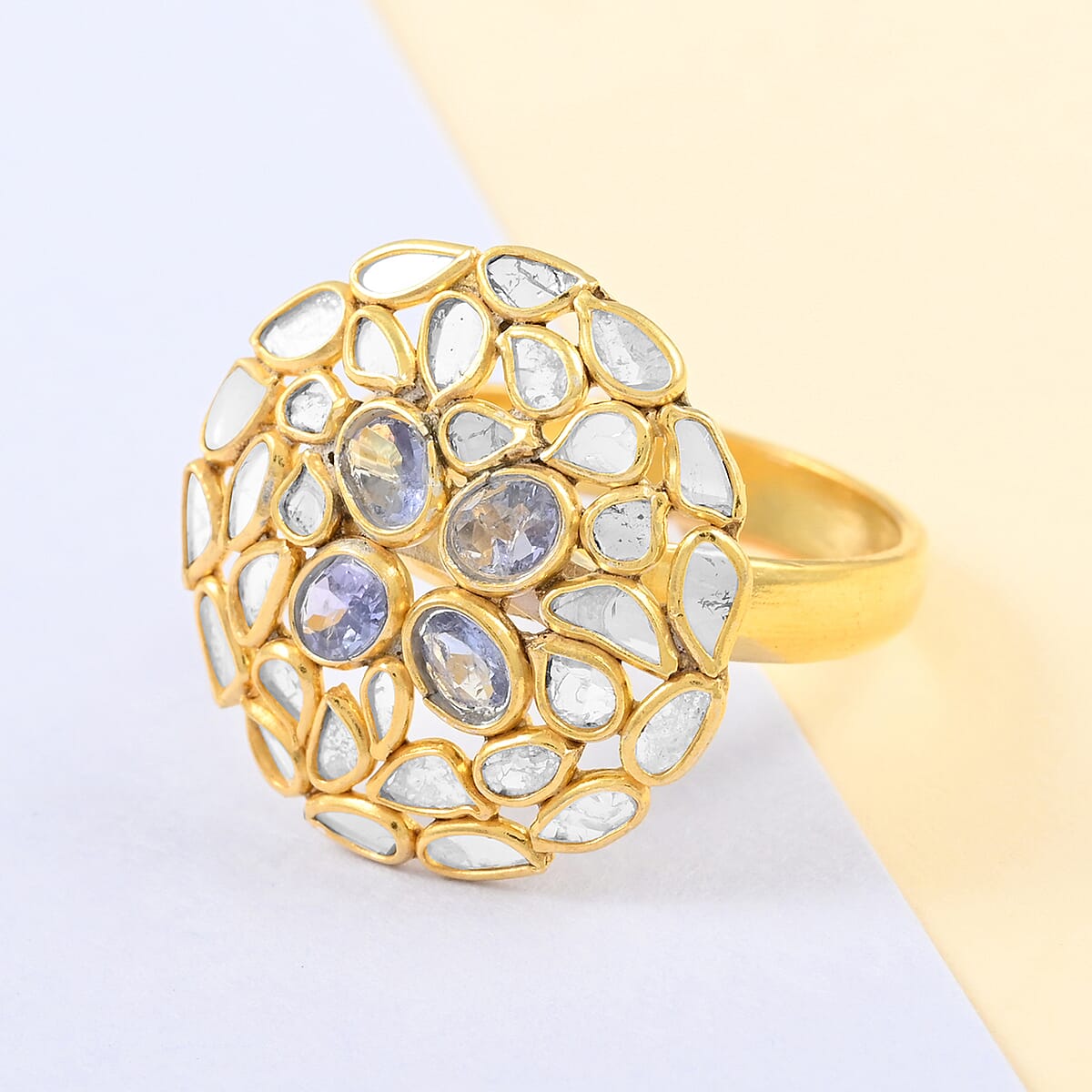 Tanzanite and Polki Diamond Round Floral Ring in 14K Yellow Gold Over Sterling Silver (Size 8.0) 1.60 ctw image number 1