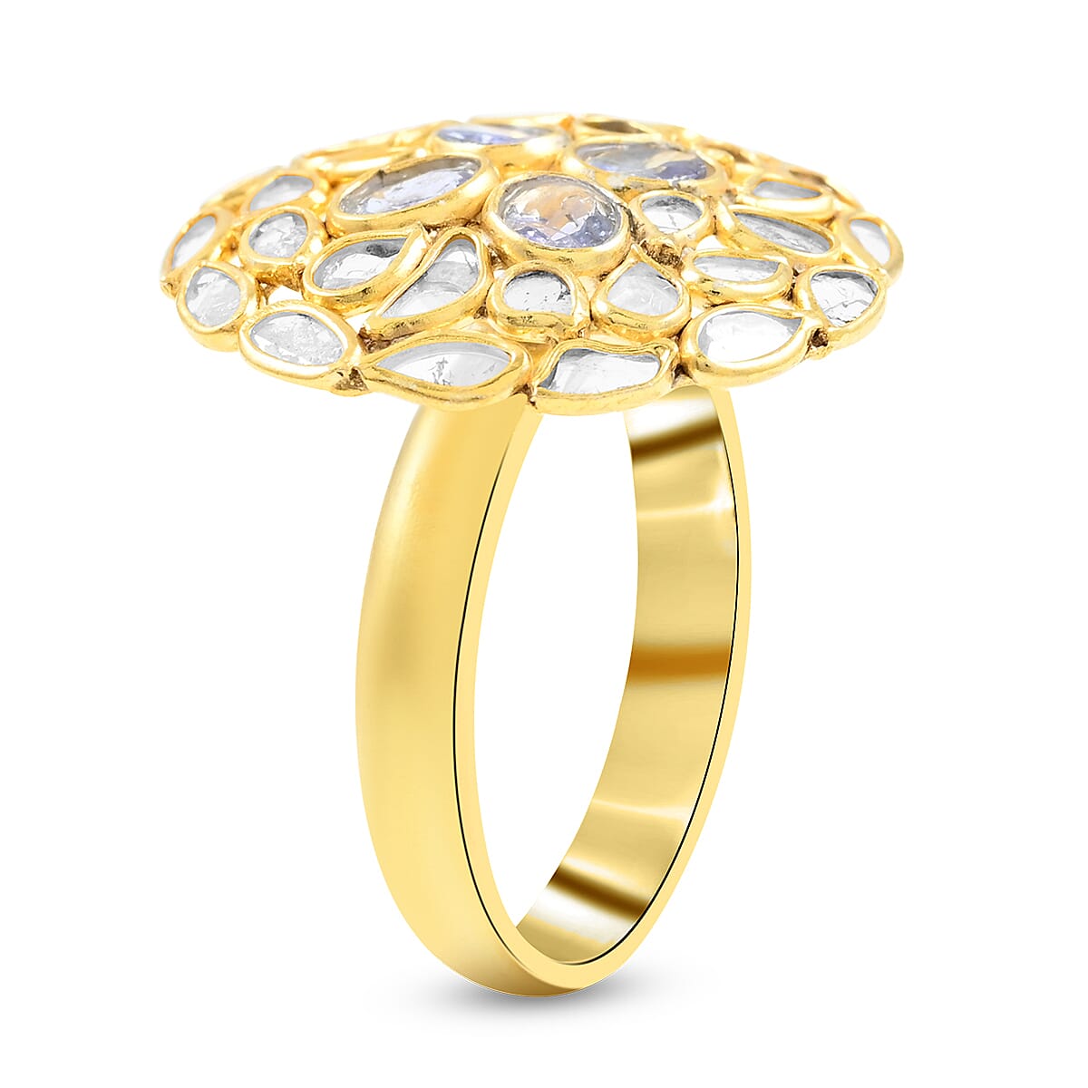 Tanzanite and Polki Diamond Round Floral Ring in 14K Yellow Gold Over Sterling Silver (Size 8.0) 1.60 ctw image number 3