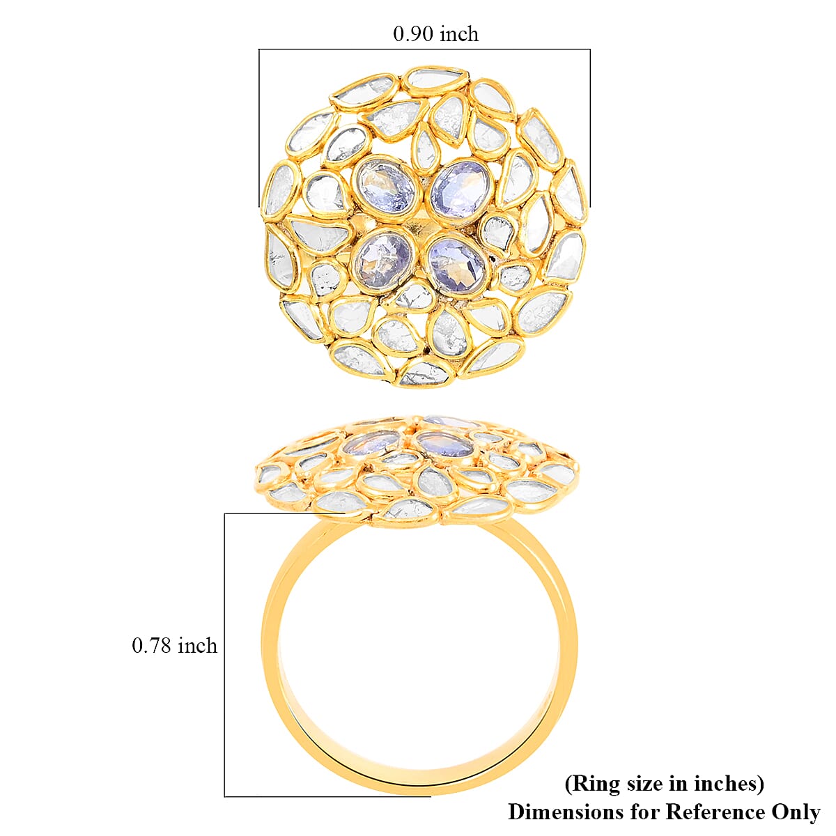 Tanzanite and Polki Diamond Round Floral Ring in 14K Yellow Gold Over Sterling Silver (Size 8.0) 1.60 ctw image number 4