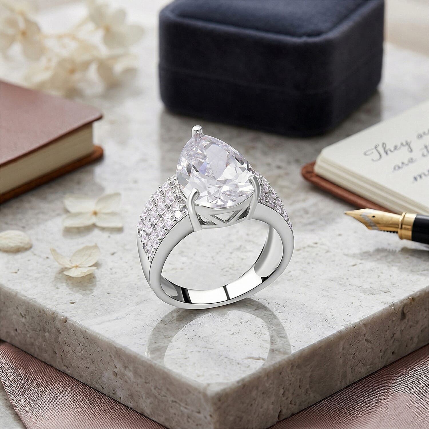 Simulated Diamond Ring in Rhodium Over Sterling Silver (Size 8.0)