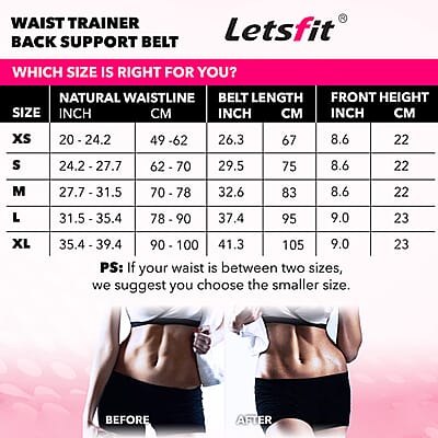 Letsfit Black Waist Trainer Lumber Support Belt with Measuring Tape - M