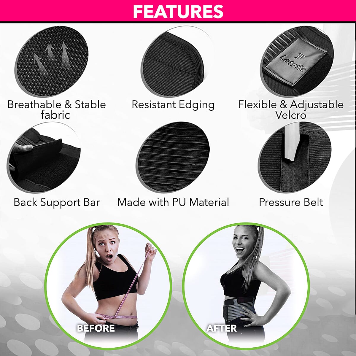 Letsfit Black Waist Trainer Lumber Support Belt with Measuring Tape - L image number 2