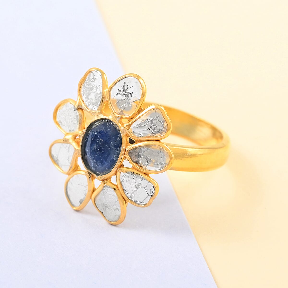 Blue Sapphire and Polki Diamond Flower Ring in 14K Yellow Gold Over Sterling Silver (Size 11.0) 2.05 ctw image number 1