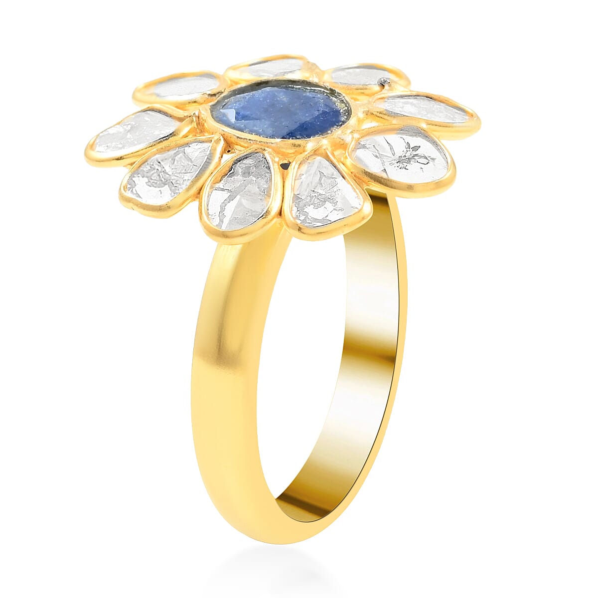 Blue Sapphire and Polki Diamond Flower Ring in 14K Yellow Gold Over Sterling Silver (Size 11.0) 2.05 ctw image number 3