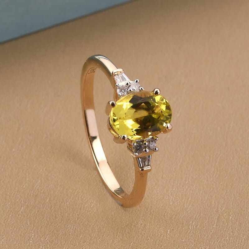 Luxoro 14K Yellow Gold AAA Natural Tanzanian Canary Tourmaline and G-H I3 Diamond Ring (Size 6.0) 2 Grams 1.50 ctw