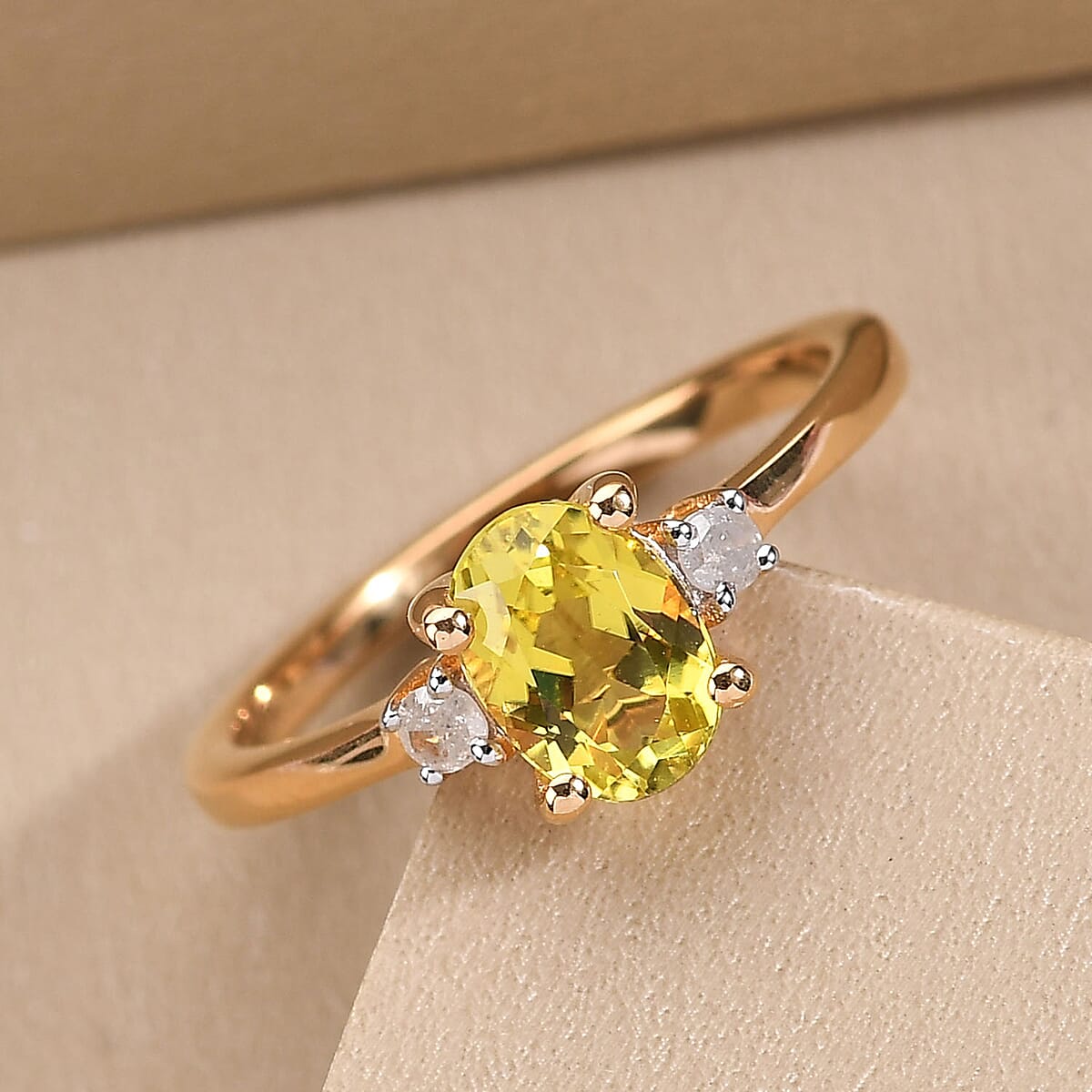 AAA Natural Tanzanian Canary Tourmaline and Diamond Ring in Vermeil Yellow Gold Over Sterling Silver (Size 7.0) 0.90 ctw image number 1