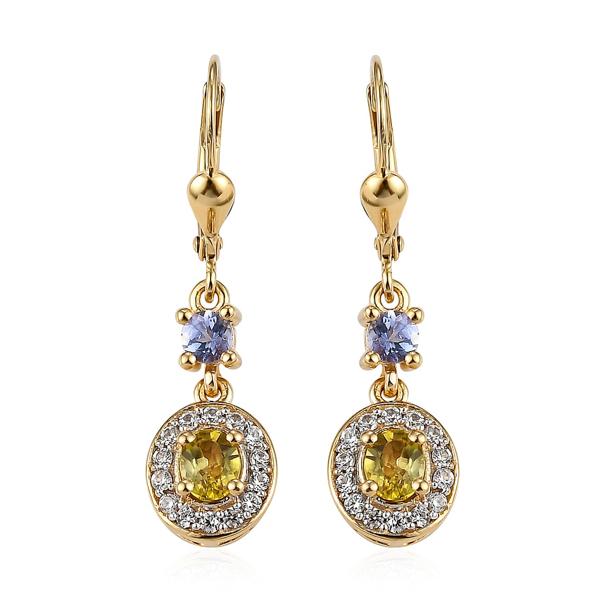 AAA Natural Tanzanian Canary Tourmaline and Multi Gemstone Lever Back Earrings in Vermeil Yellow Gold Over Sterling Silver 1.35 ctw