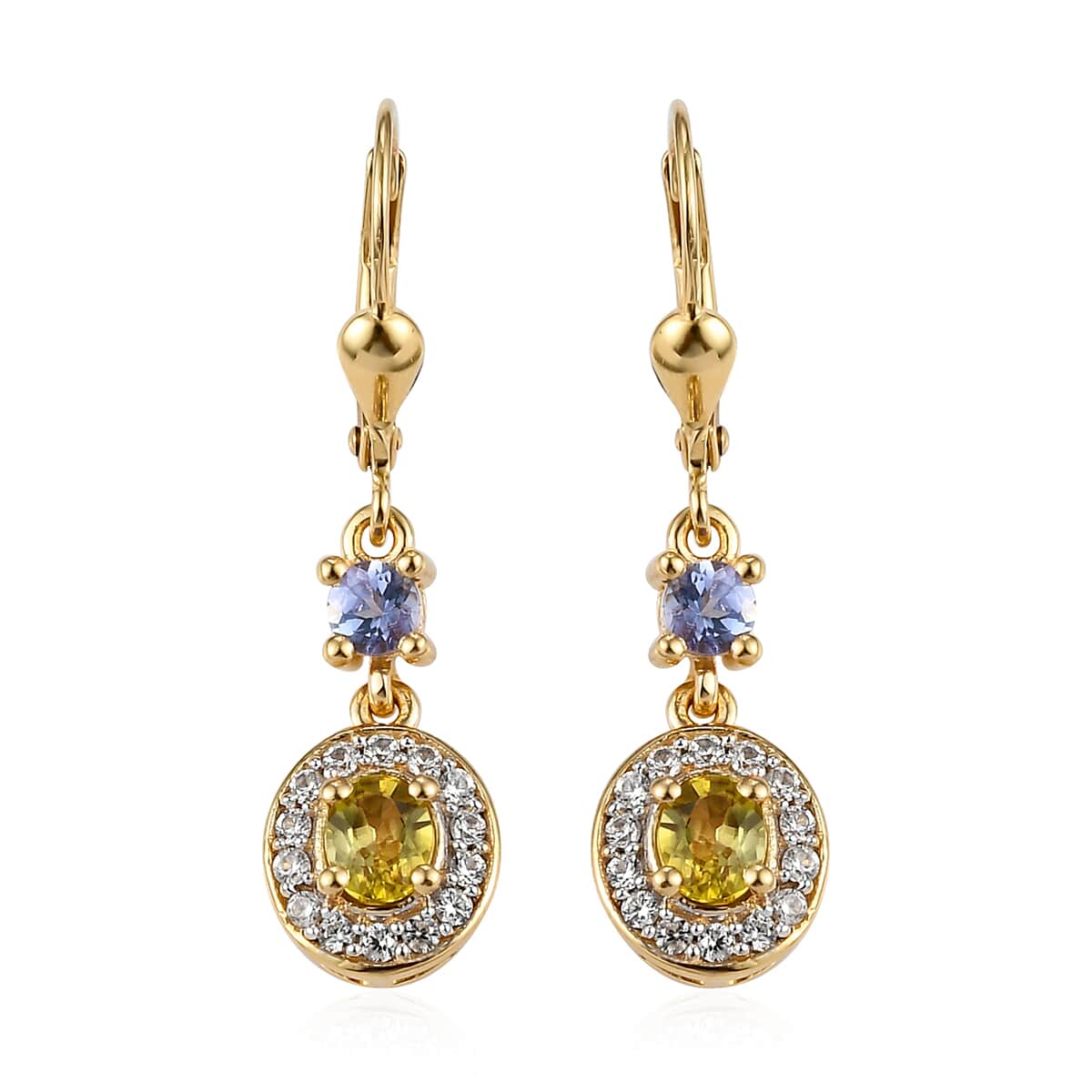 AAA Natural Tanzanian Canary Tourmaline and Multi Gemstone Lever Back Earrings in Vermeil Yellow Gold Over Sterling Silver 1.35 ctw image number 0