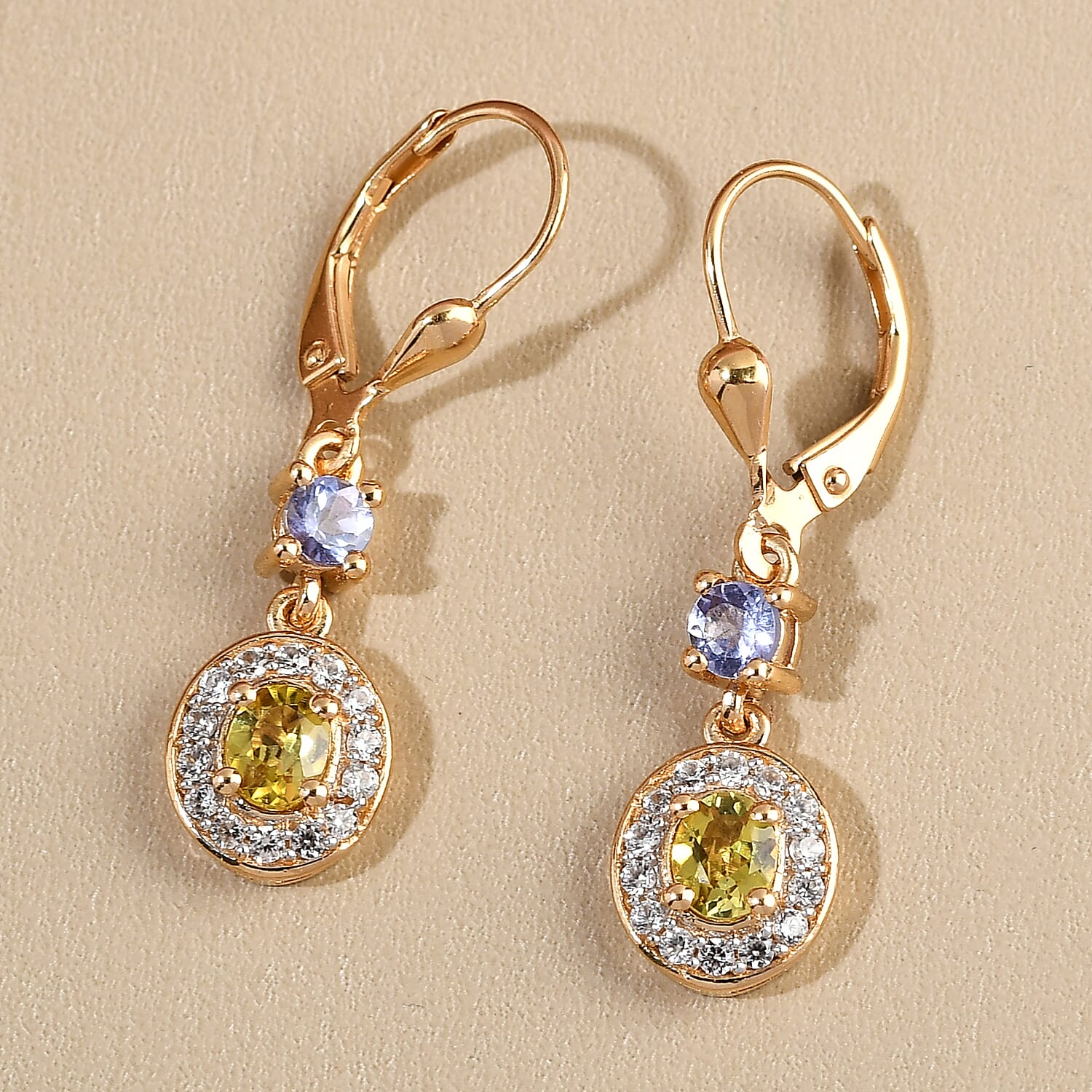 AAA Natural Tanzanian Canary Tourmaline and Multi Gemstone Lever Back Earrings in Vermeil Yellow Gold Over Sterling Silver 1.35 ctw