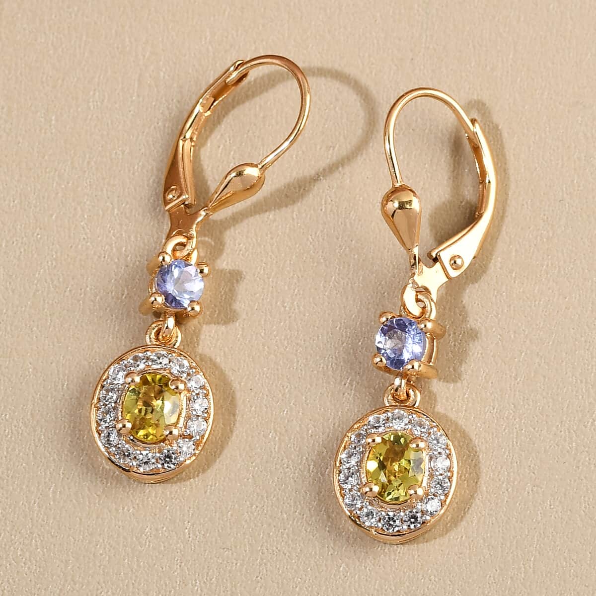 AAA Natural Tanzanian Canary Tourmaline and Multi Gemstone Lever Back Earrings in Vermeil Yellow Gold Over Sterling Silver 1.35 ctw image number 1