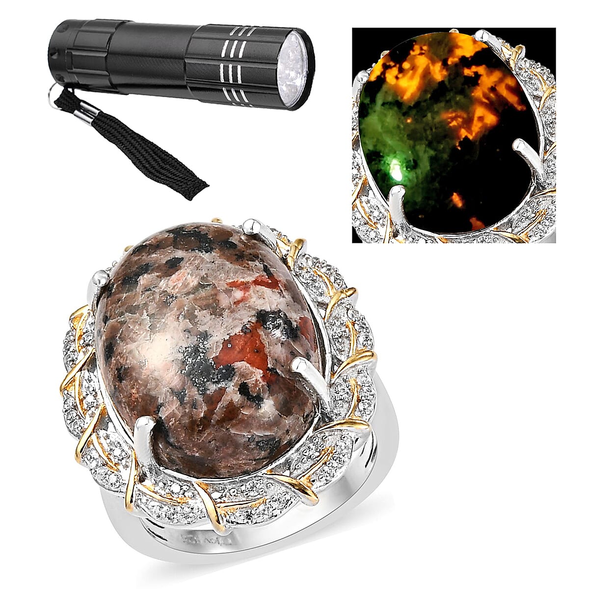 Natural Yooperlite, White Zircon Halo Ring in Vermeil YG and Platinum Over Sterling Silver (Size 10.0) with Free UV Flash Light 17.50 ctw