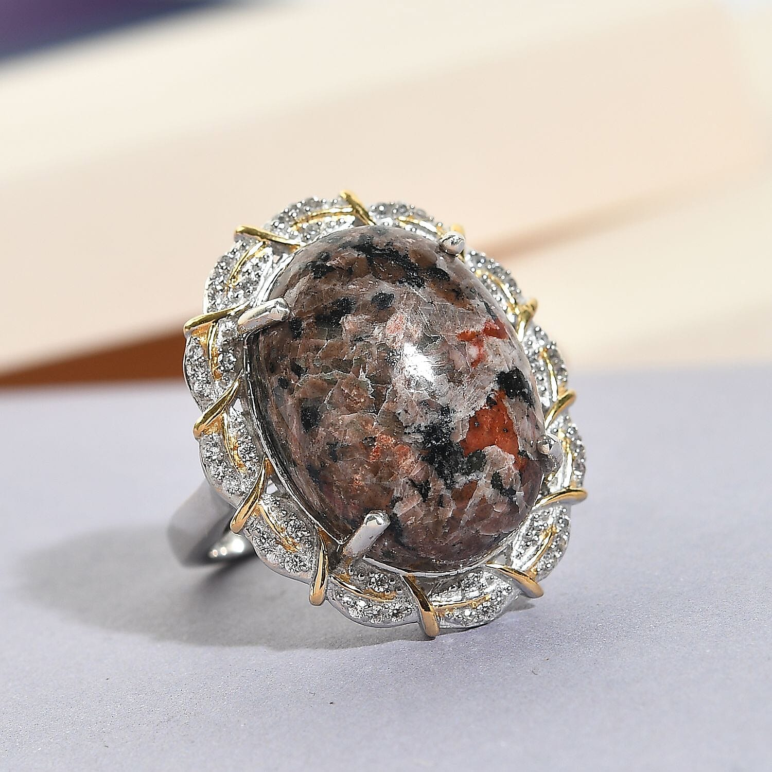 Natural Yooperlite, White Zircon Halo Ring in Vermeil YG and Platinum Over Sterling Silver (Size 10.0) with Free UV Flash Light 17.50 ctw