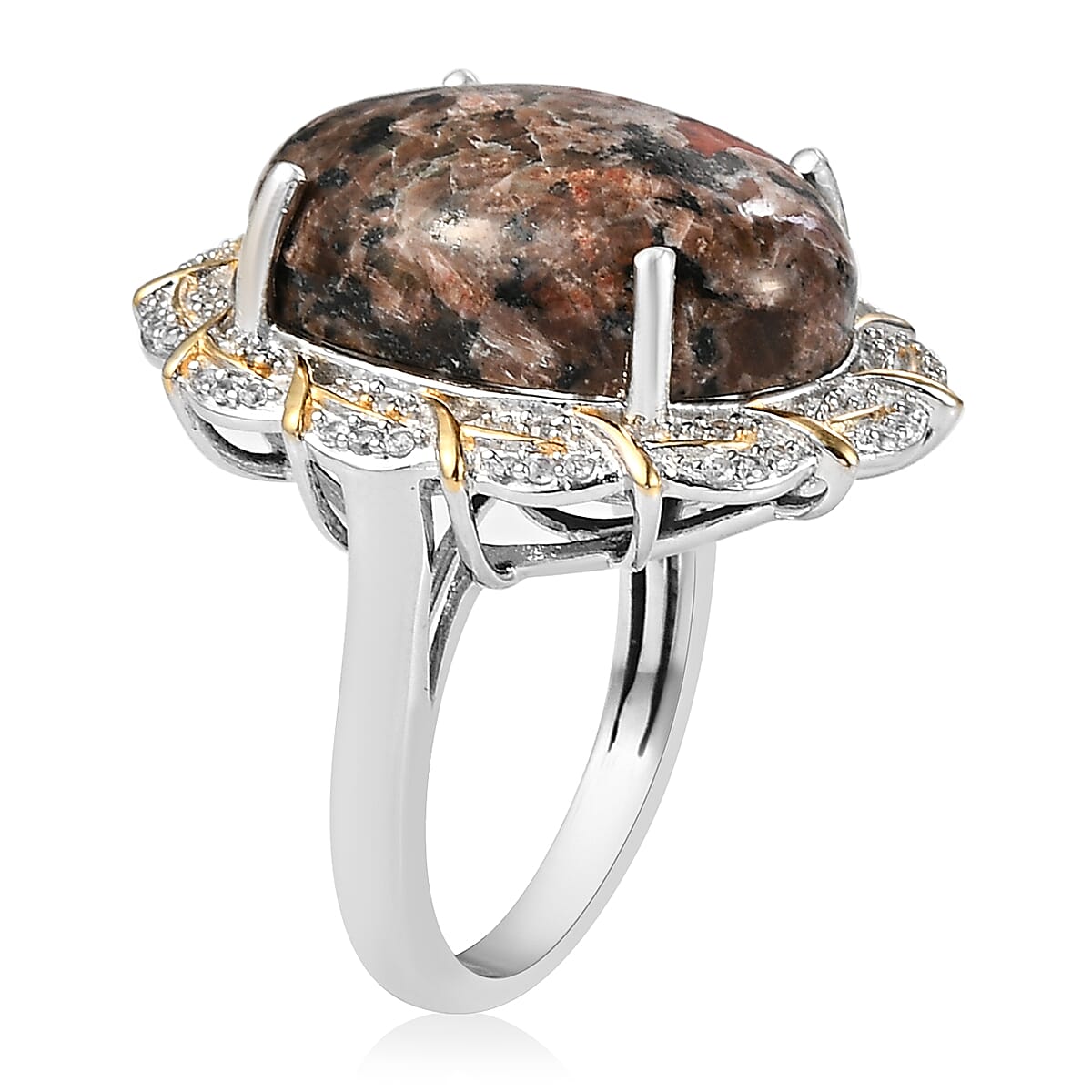 Natural Yooperlite, White Zircon Halo Ring in Vermeil YG and Platinum Over Sterling Silver (Size 10.0) with Free UV Flash Light 17.50 ctw