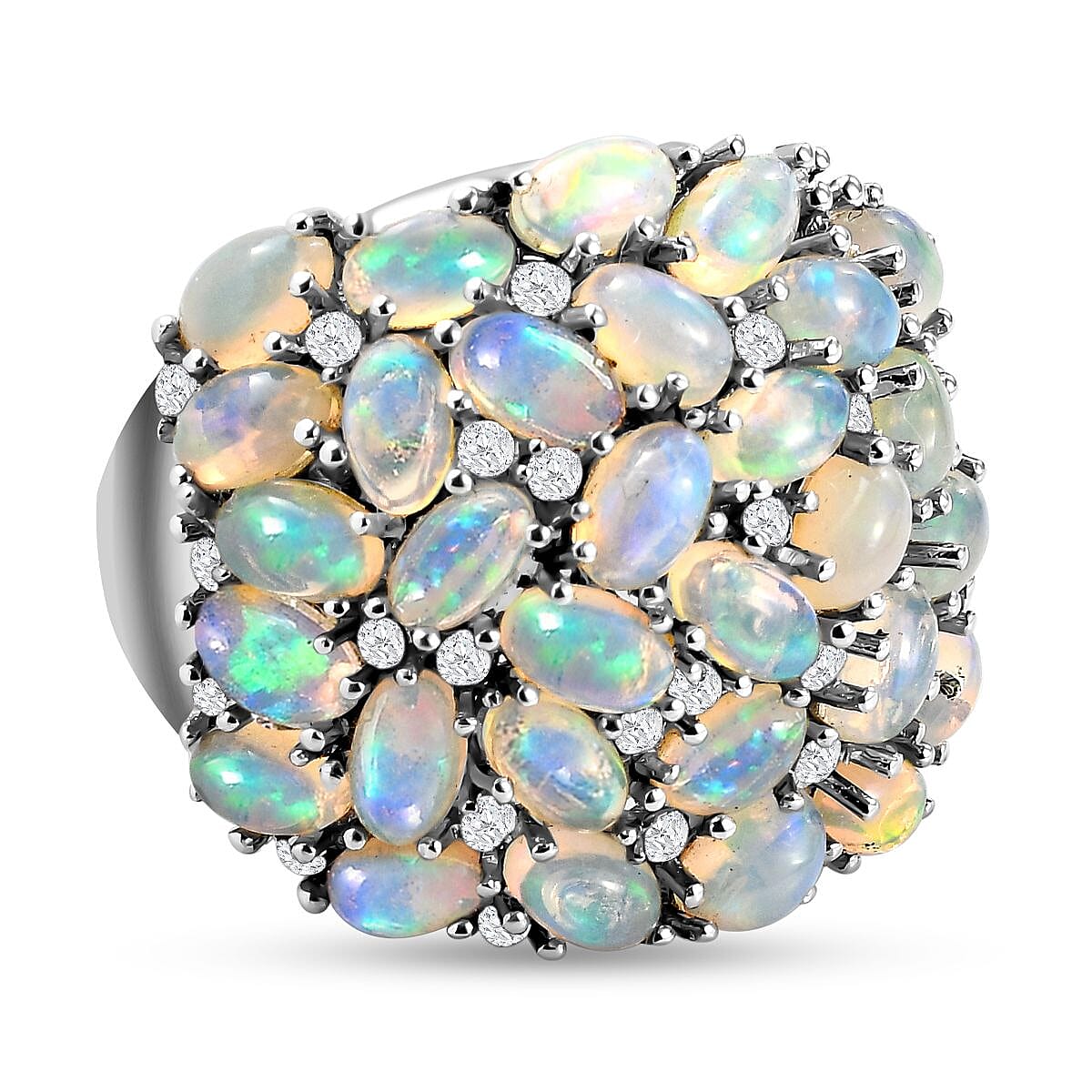 Ethiopian Welo Opal and White Zircon 5.62 ctw Cluster Ring in Platinum Over Sterling Silver (Size 11.5)