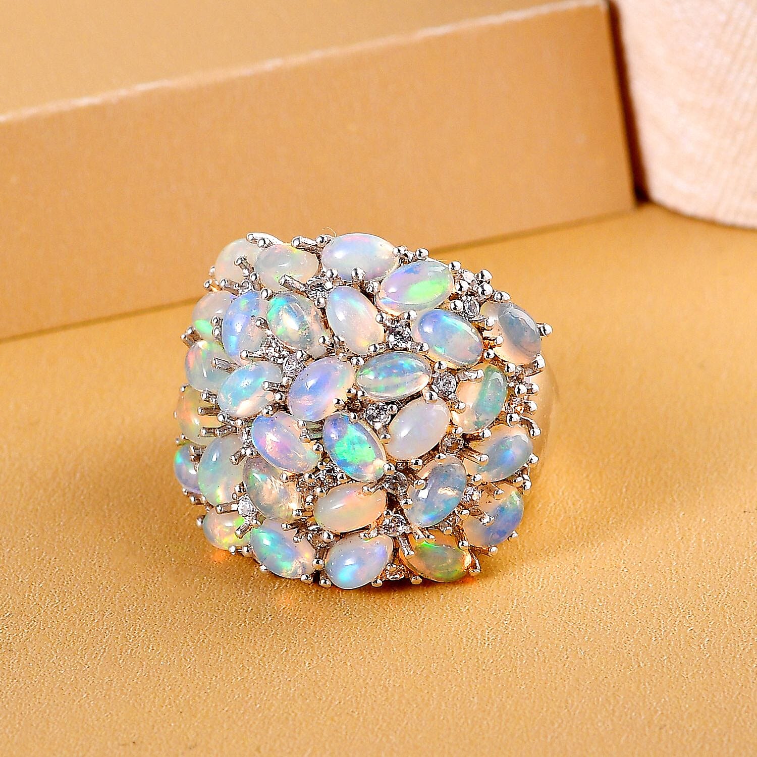 Ethiopian Welo Opal and White Zircon 5.62 ctw Cluster Ring in Platinum Over Sterling Silver (Size 11.5)