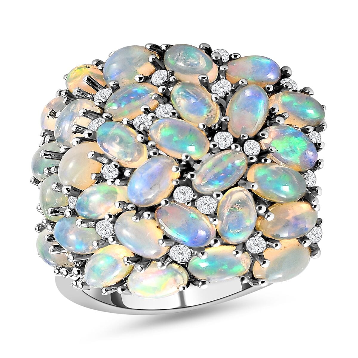 Ethiopian Welo Opal and White Zircon 5.62 ctw Cluster Ring in Platinum Over Sterling Silver (Size 11.5)