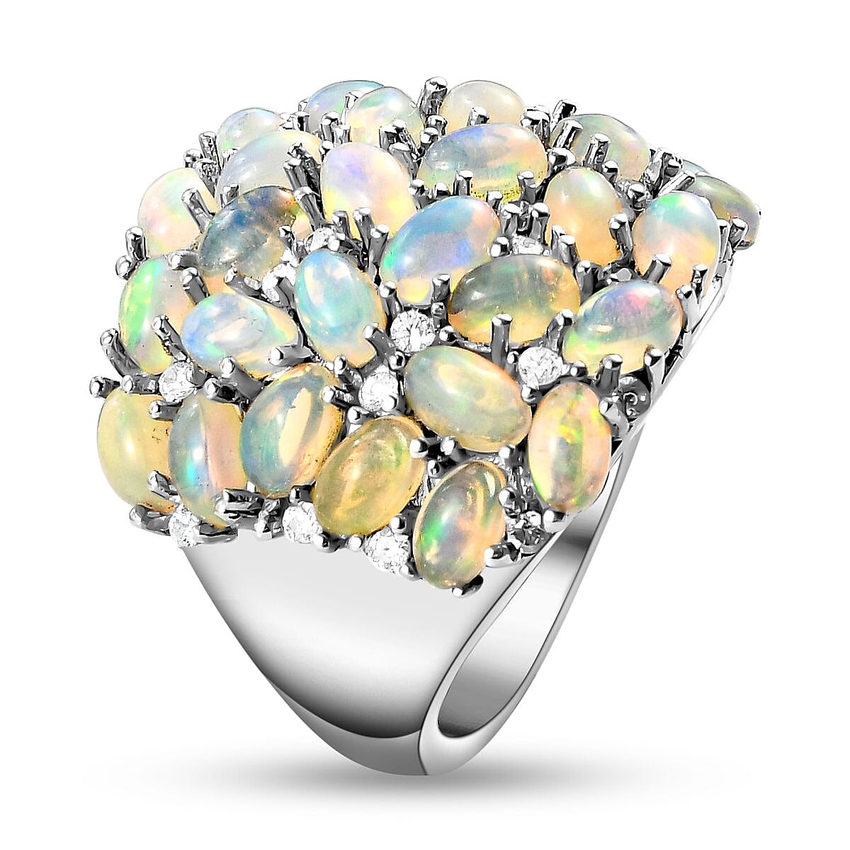 Ethiopian Welo Opal and White Zircon 5.62 ctw Cluster Ring in Platinum Over Sterling Silver (Size 11.5)