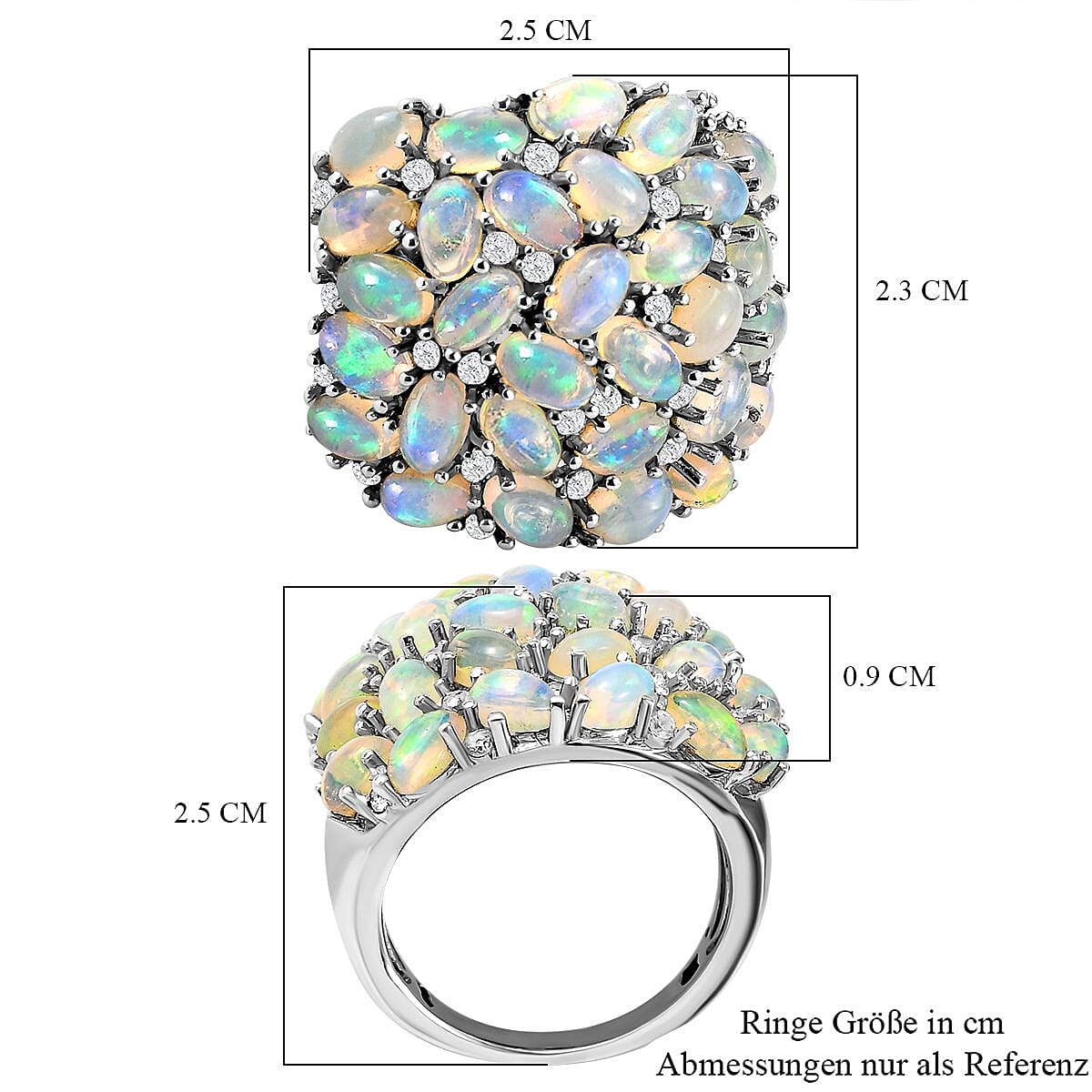 Ethiopian Welo Opal and White Zircon 5.62 ctw Cluster Ring in Platinum Over Sterling Silver (Size 11.5)