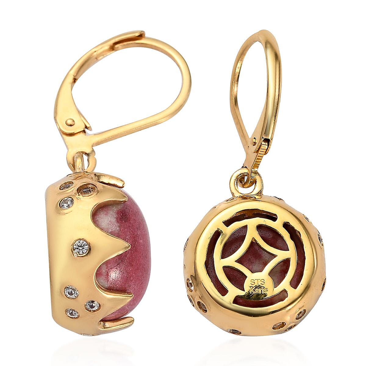 Karis Norwegian Thulite and Natural White Zircon Lever Back Earrings in 18K YG Plated 16.50 ctw