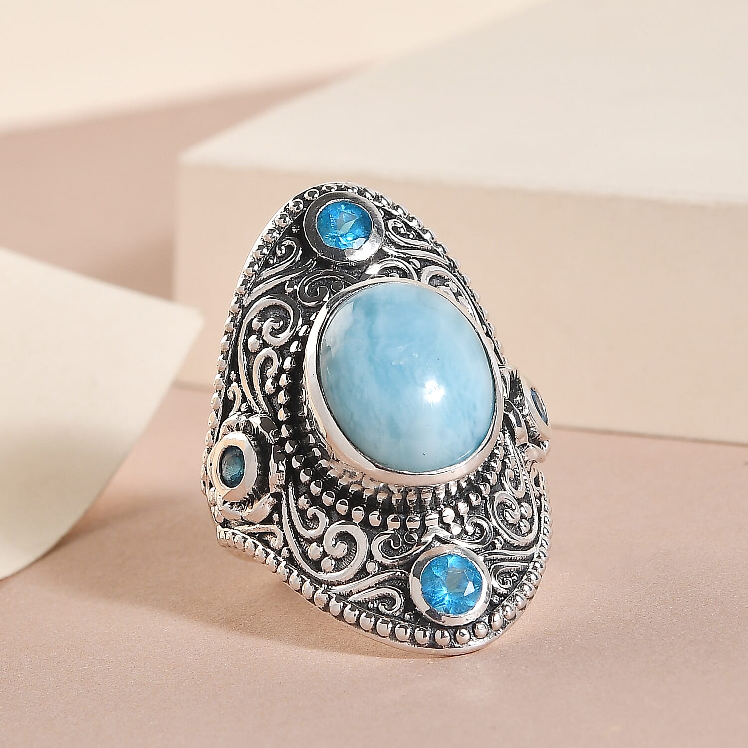 Artisan Crafted Larimar and Malgache Neon Apatite Fancy Ring in Sterling Silver (Size 6.0) 8.75 Grams 5.90 ctw