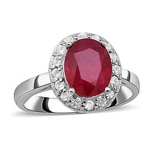 Niassa Ruby (FF) and White Zircon 4.34 ctw Ring in Platinum Over Sterling Silver (Size 5.5)