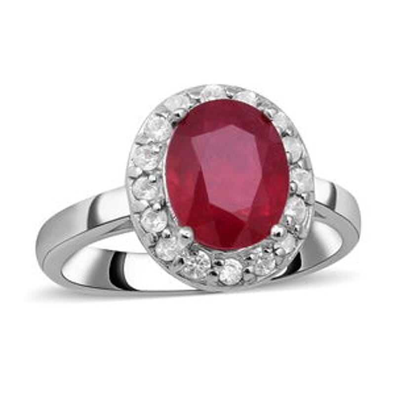 Niassa Ruby (FF) and White Zircon 4.34 ctw Ring in Platinum Over Sterling Silver (Size 5.5)