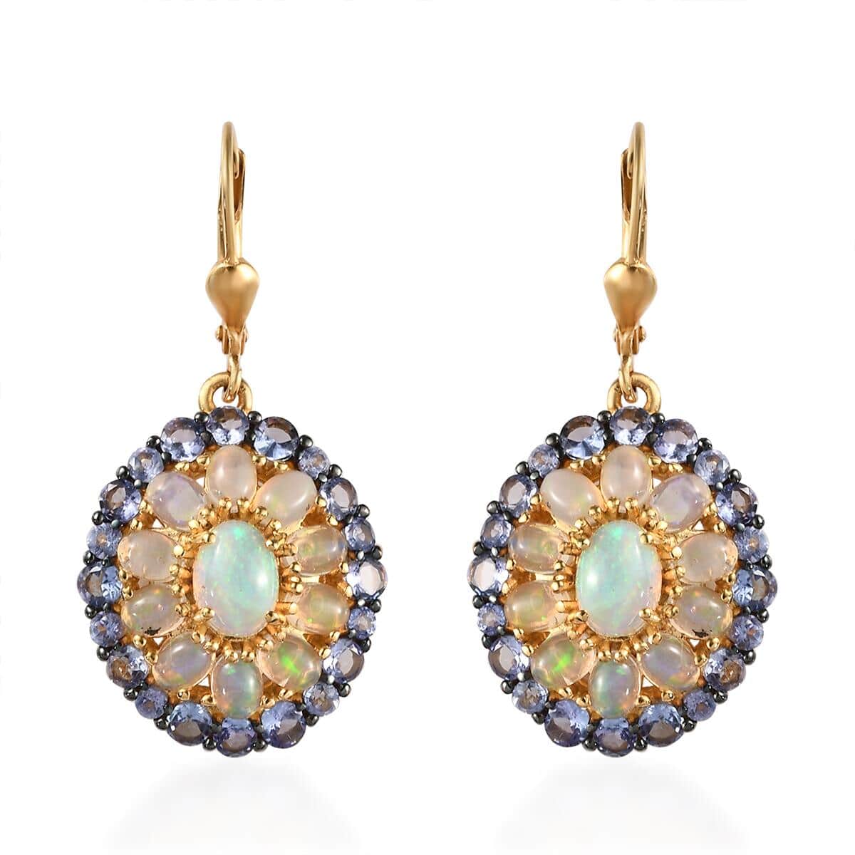 Premium Ethiopian Welo Opal, Jalisco Fire Opal Double Halo Earrings in Vermeil Yellow Gold Over Sterling Silver 5.15 ctw image number 0