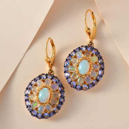 Premium Ethiopian Welo Opal and Tanzanite Cocktail Earrings in Vermeil Yellow Gold Over Sterling Silver 6.25 ctw image number 1
