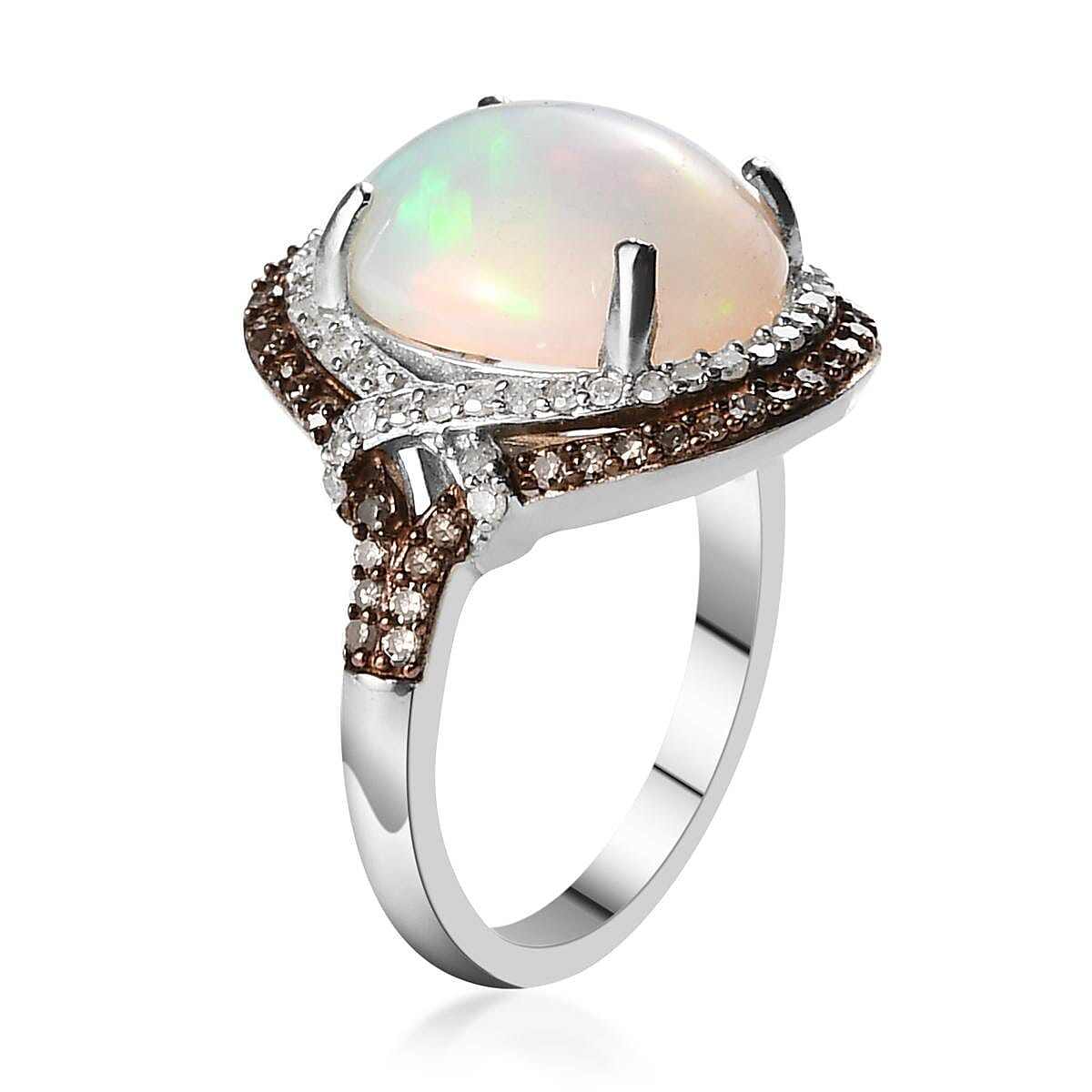 Premium Ethiopian Welo Opal, Natural Champagne and White Diamond Halo Ring in Platinum Over Sterling Silver (Size 10.0) 3.90 ctw image number 3