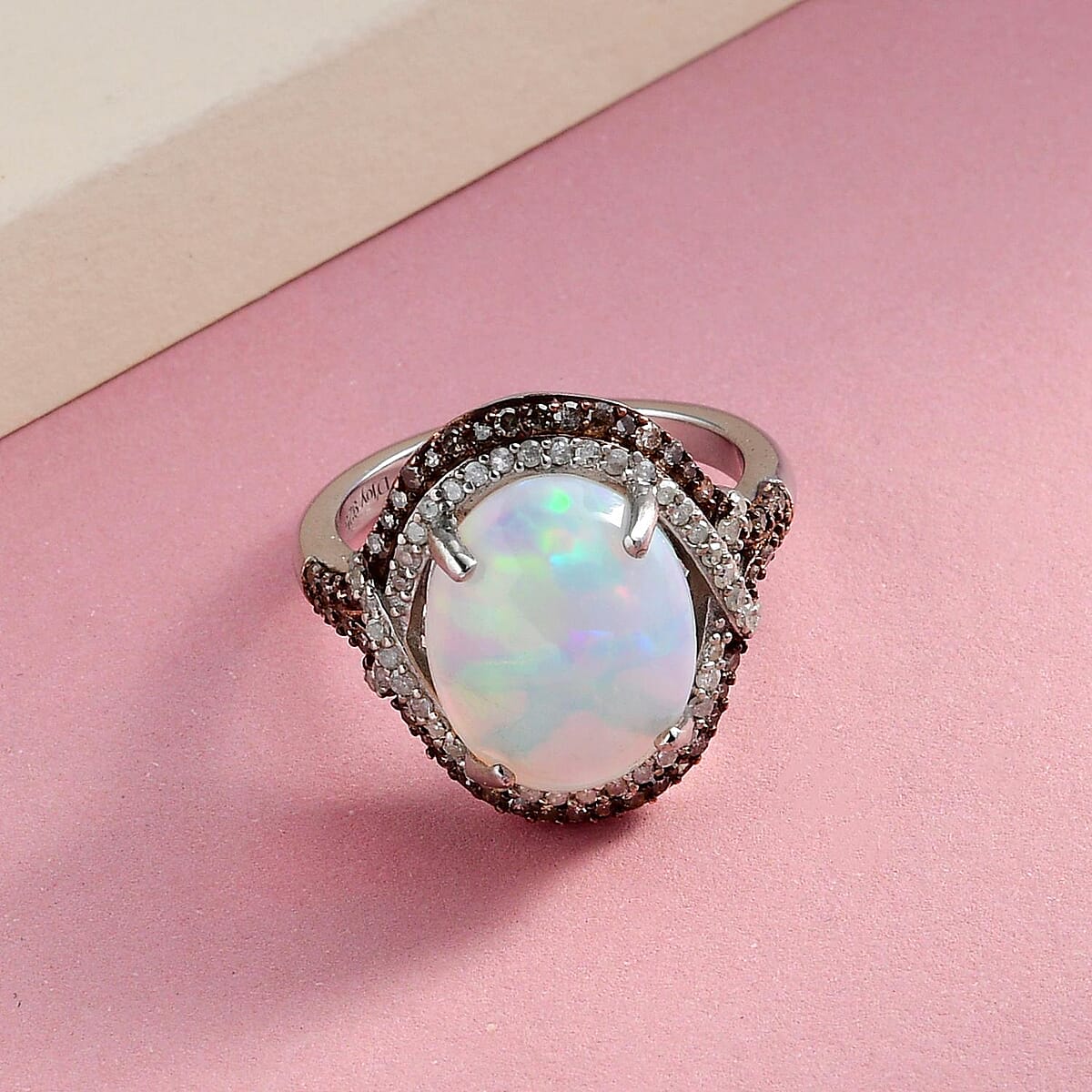 Premium Ethiopian Welo Opal, Natural Champagne and White Diamond Halo Ring in Platinum Over Sterling Silver (Size 6.0) 3.90 ctw image number 1