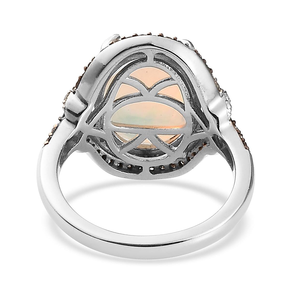 Premium Ethiopian Welo Opal, Natural Champagne and White Diamond Halo Ring in Platinum Over Sterling Silver (Size 6.0) 3.90 ctw image number 4