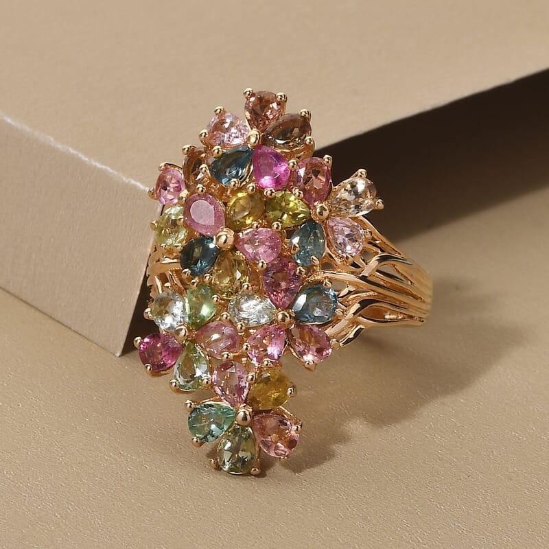 Multi-Tourmaline Elongated Floral Ring in Vermeil Yellow Gold Over Sterling Silver (Size 10.0) 4.85 ctw