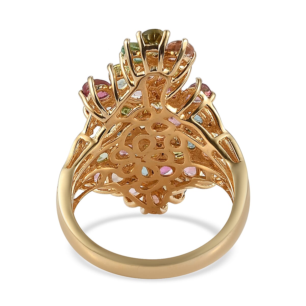 Multi-Tourmaline Elongated Floral Ring in Vermeil Yellow Gold Over Sterling Silver (Size 10.0) 4.85 ctw