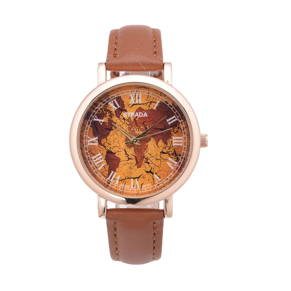 Strada Japanese Movement Earth Pattern Dial Watch in Brown Faux Leather Strap (37mm) (6.75 -8.50 Inches) image number 0