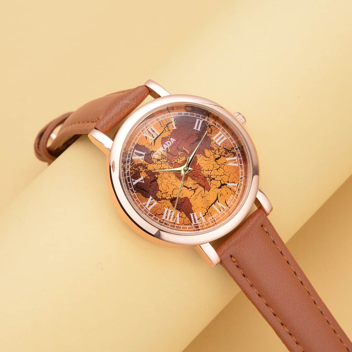 Strada Japanese Movement Earth Pattern Dial Watch in Brown Faux Leather Strap (37mm) (6.75 -8.50 Inches) image number 1