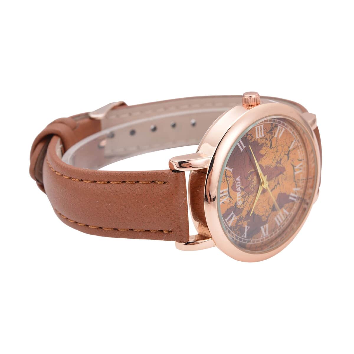 Strada Japanese Movement Earth Pattern Dial Watch in Brown Faux Leather Strap (37mm) (6.75 -8.50 Inches) image number 3