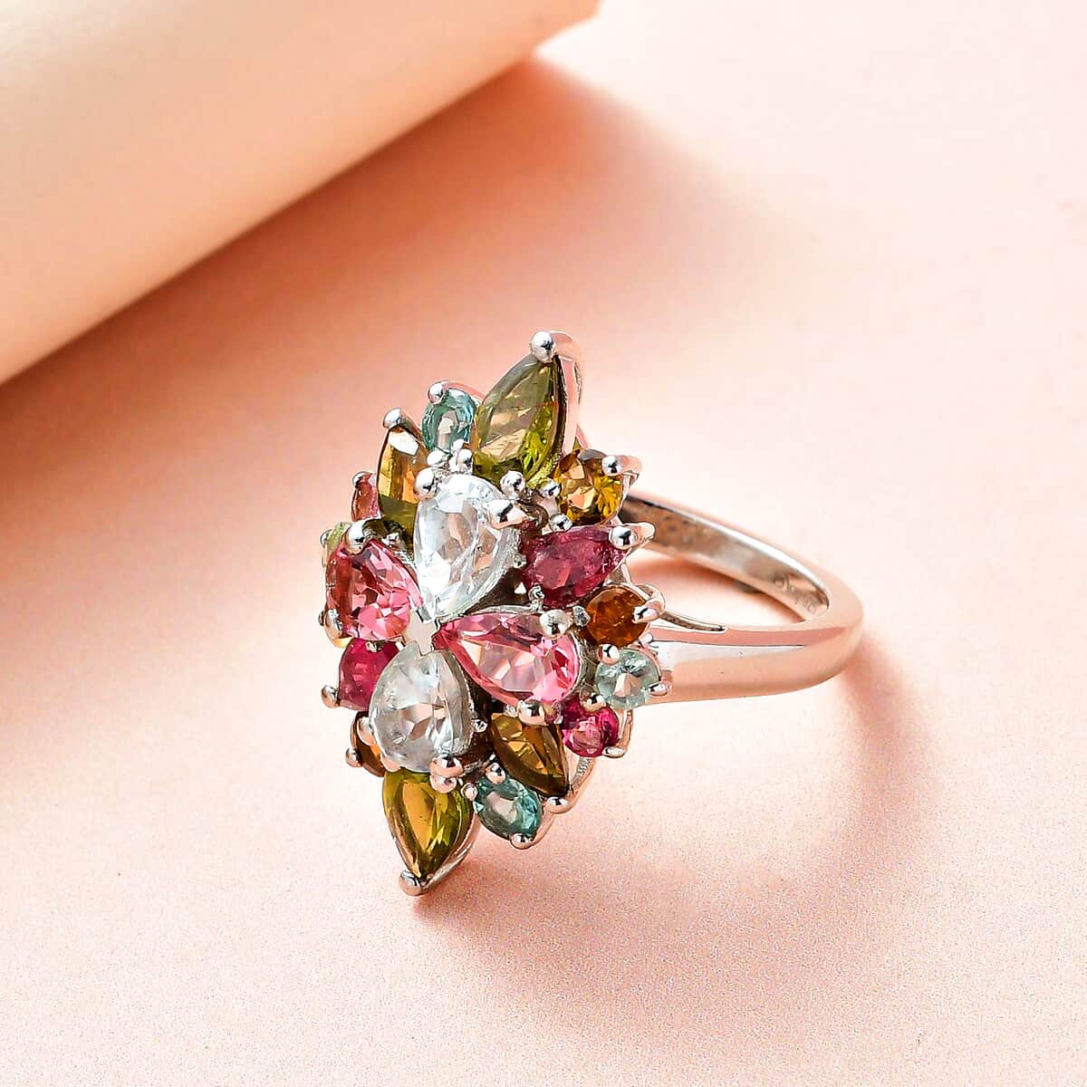 Multi-Tourmaline Elongated Ring, Multi Tourmaline Ring, Colorful Floral Ring, Elongated Floral Ring, Platinum Over Sterling Silver Ring 3.90 ctw (Size 5.0) image number 1