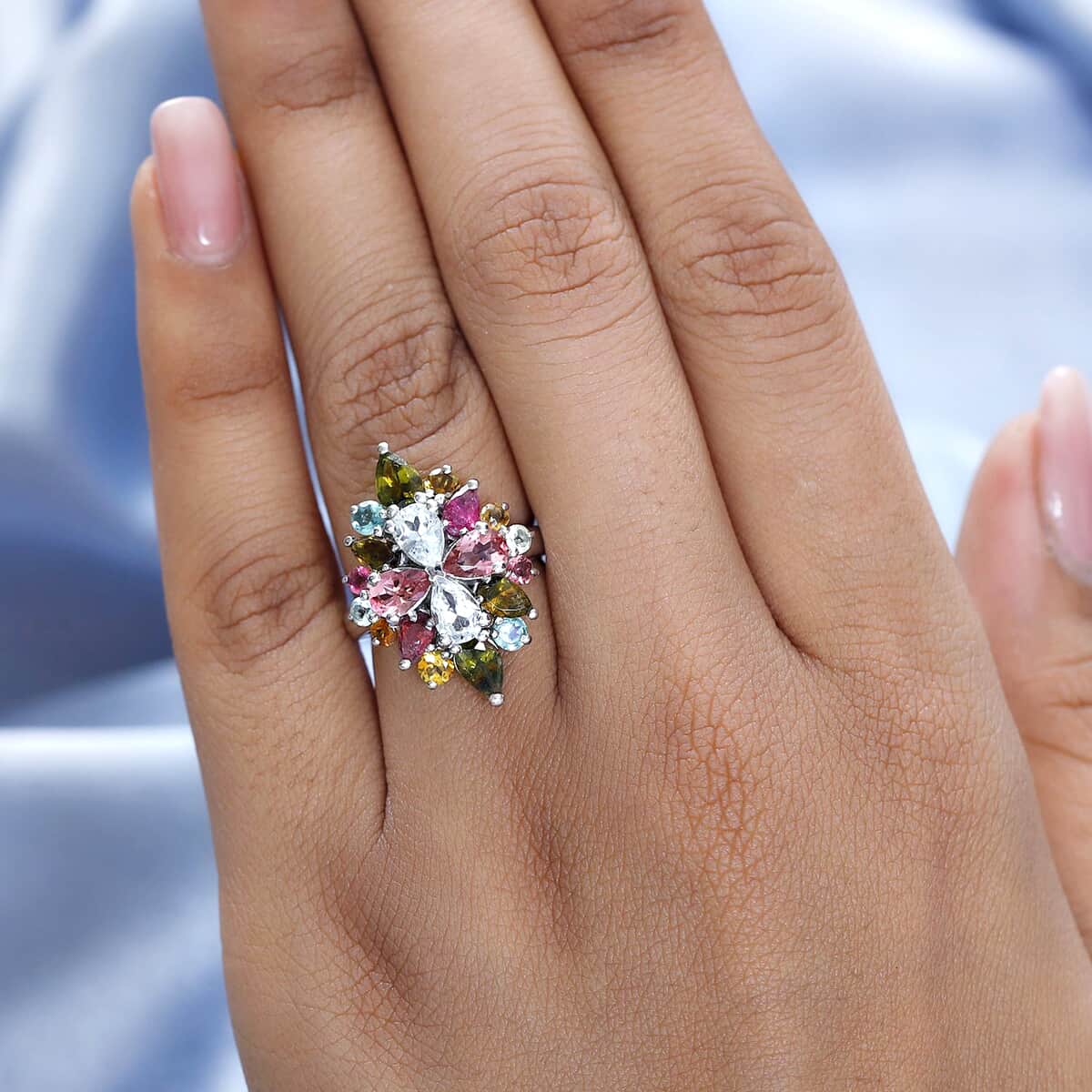 Multi-Tourmaline Elongated Ring, Multi Tourmaline Ring, Colorful Floral Ring, Elongated Floral Ring, Platinum Over Sterling Silver Ring 3.90 ctw (Size 5.0) image number 2