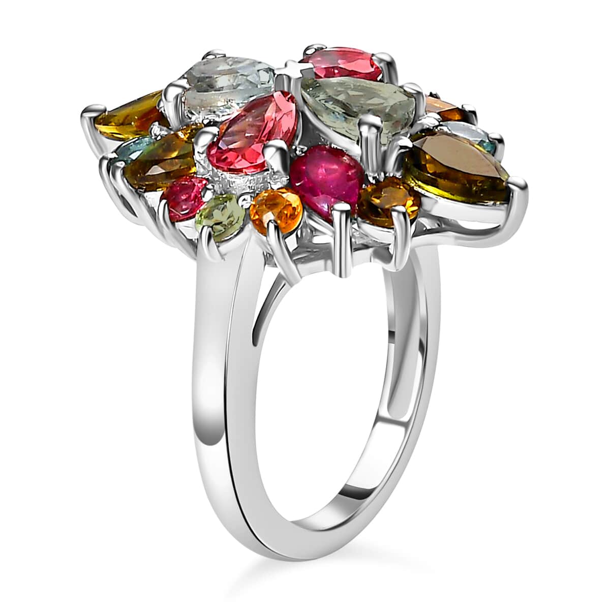Multi-Tourmaline Elongated Ring, Multi Tourmaline Ring, Colorful Floral Ring, Elongated Floral Ring, Platinum Over Sterling Silver Ring 3.90 ctw (Size 5.0) image number 3