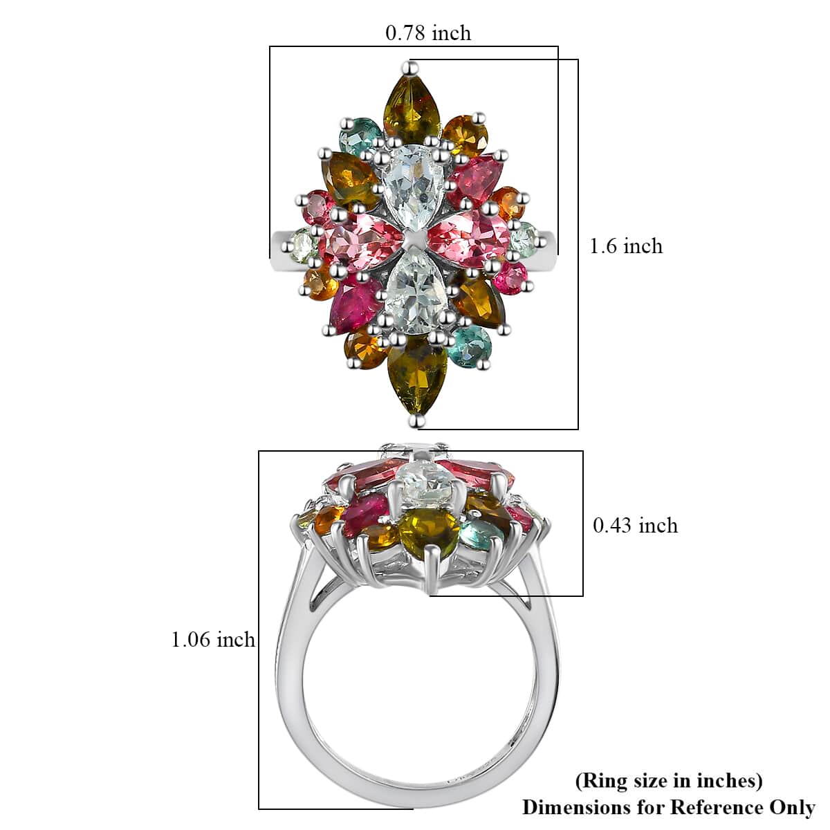 Multi-Tourmaline Elongated Ring, Multi Tourmaline Ring, Colorful Floral Ring, Elongated Floral Ring, Platinum Over Sterling Silver Ring 3.90 ctw (Size 5.0) image number 5