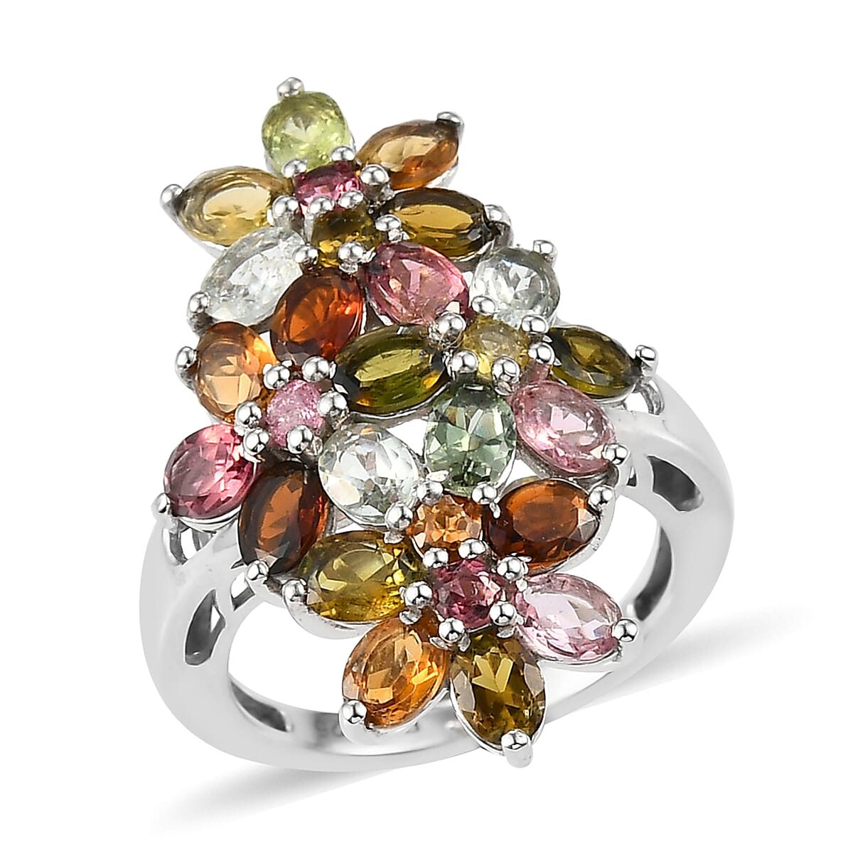 Multi-Tourmaline Elongated Ring in Platinum Over Sterling Silver (Size 10.0) 3.35 ctw