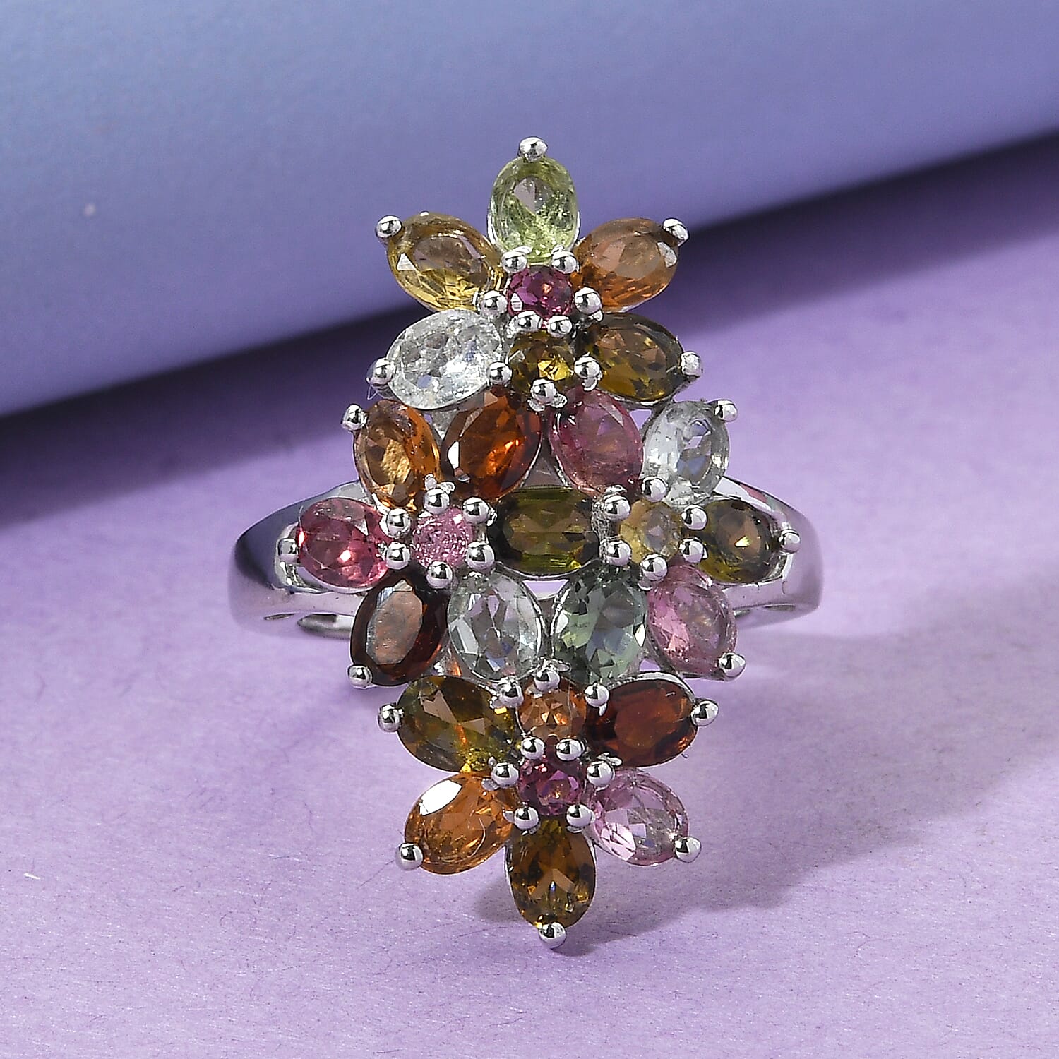 Multi-Tourmaline Elongated Ring in Platinum Over Sterling Silver (Size 10.0) 3.35 ctw