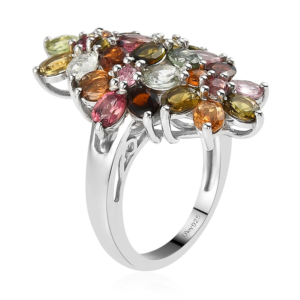 Multi-Tourmaline Elongated Ring in Platinum Over Sterling Silver (Size 10.0) 3.35 ctw