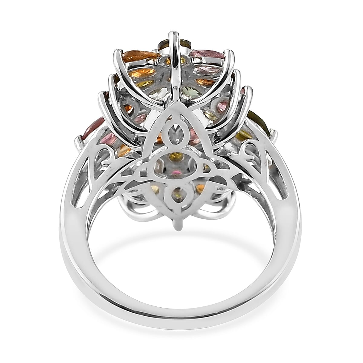 Multi-Tourmaline Elongated Ring in Platinum Over Sterling Silver (Size 10.0) 3.35 ctw