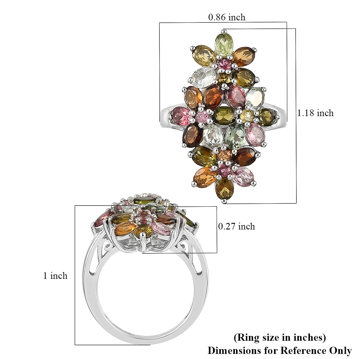 Multi-Tourmaline Elongated Ring in Platinum Over Sterling Silver (Size 10.0) 3.35 ctw