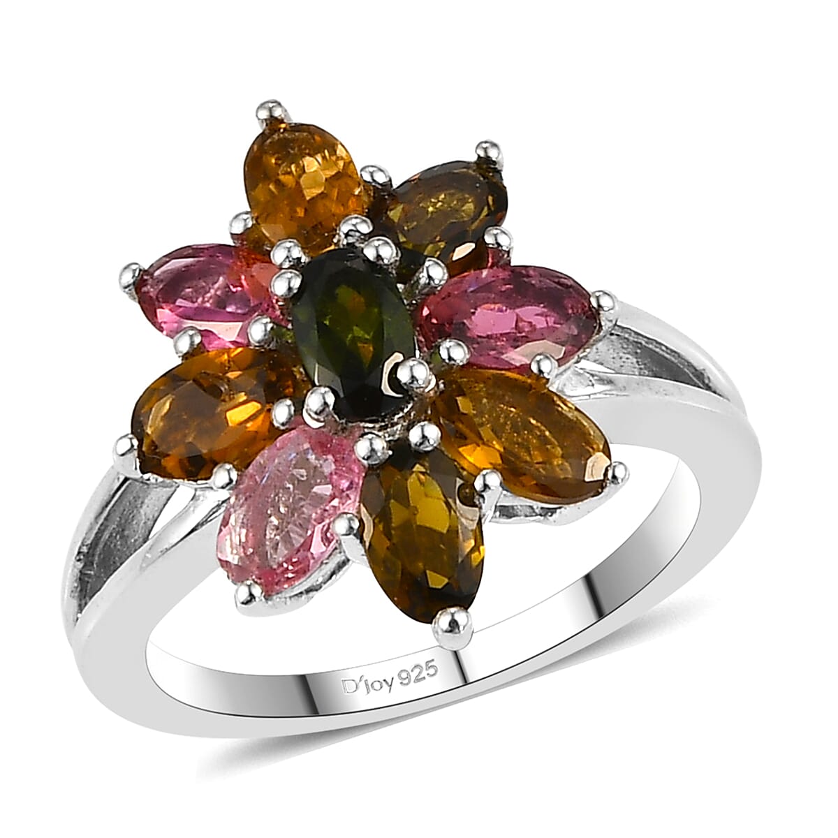 Multi-Tourmaline Floral Ring in Platinum Over Sterling Silver (Size 10.0) 2.15 ctw