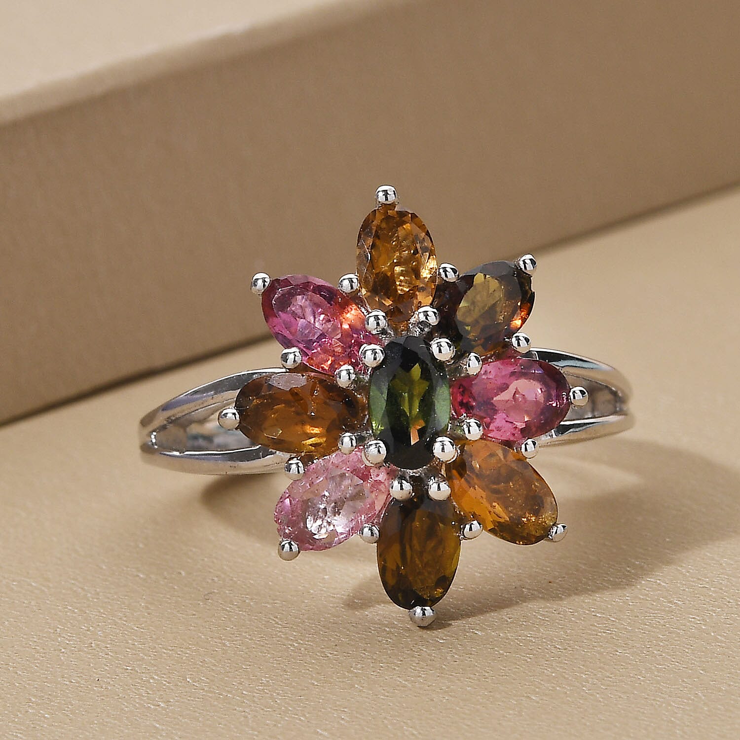 Multi-Tourmaline Floral Ring in Platinum Over Sterling Silver (Size 10.0) 2.15 ctw