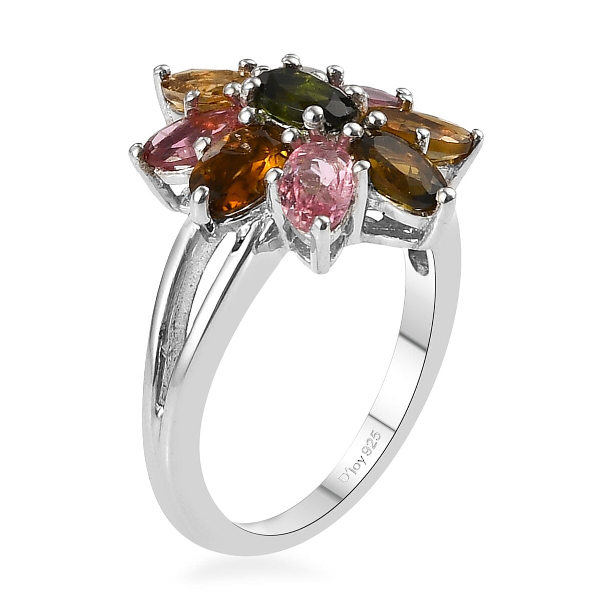 Multi-Tourmaline Floral Ring in Platinum Over Sterling Silver (Size 10.0) 2.15 ctw
